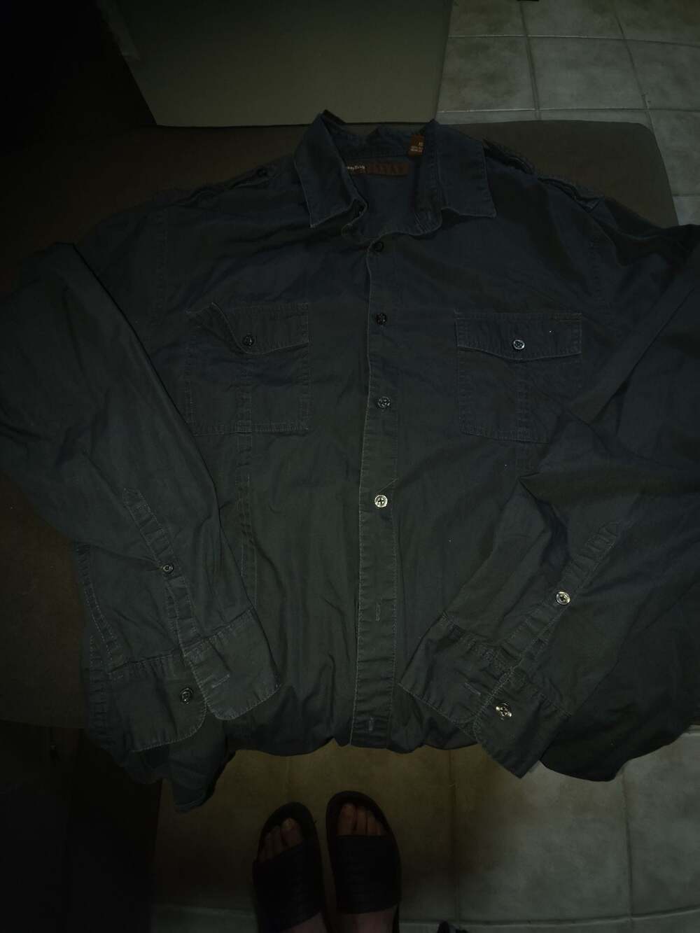 Perry Ellis Long Sleeve Button-Up Military Style Shirt Black Men's Size XL